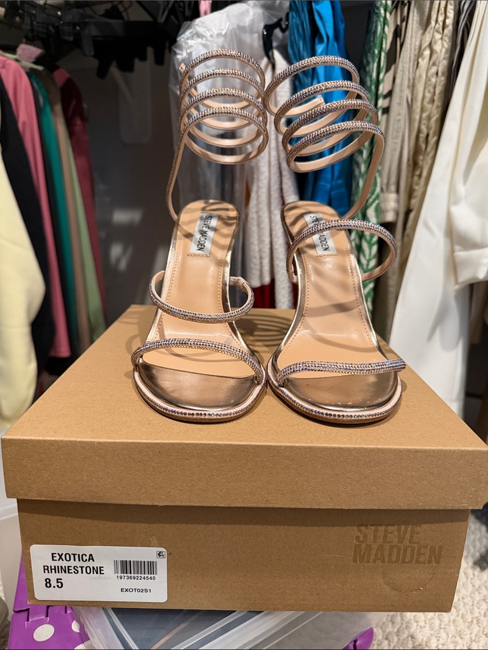 Steve Madden Exotica Strappy Rhinestone Heels in Rose Gold